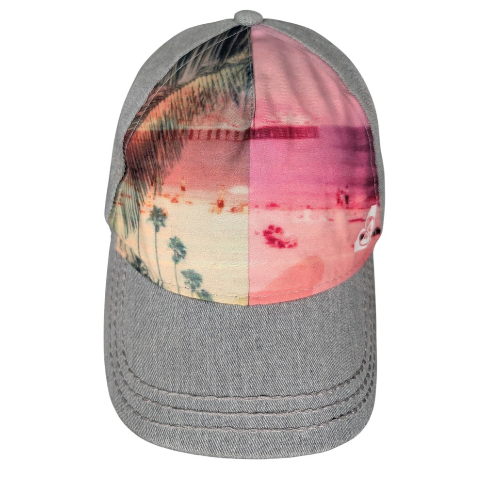 Roxy Sunset Beach Graphic Baseball Cap Gray Pink Palm Tree Adjustable Hat